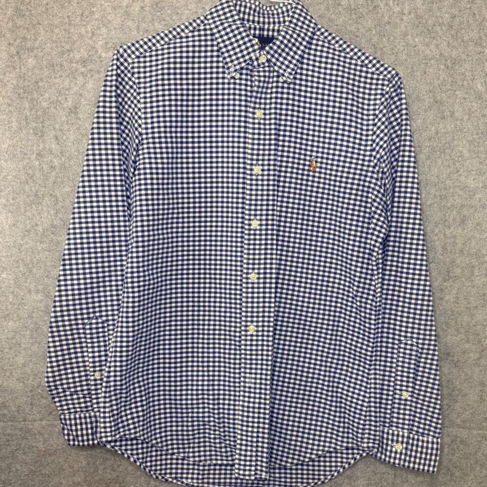Ralph Lauren Mens Gingham Button Down Shirt Small Blue White Cotton Pony Logo